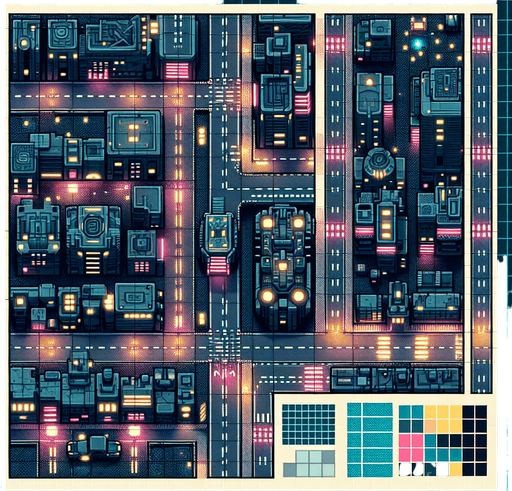 Cyberpunk city tile set. Top down view..
Single Game Texture.  2d.  Blank background.  High contrast.  No shadows
