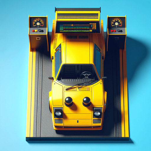 top down view of arcade racing car with the yellow color.
Single Game Texture.  In-Game asset.  2d.  Blank background.  High contrast.  No shadows