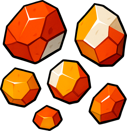 Chunky, crystalline fragments

```
- Shape: Angular, geometric crystal-like chunks
- Colors: Orange-red (#FF4400), yellow (#FFAA00), white
- Surface: Slightly reflective, faceted appearance
- Size variations: 3 different sizes (small, medium, large).
In-Game asset.  2d.  High contrast.  No shadows