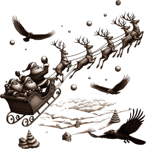 a pergament with santa on a sledge and his flying reindeers throwing a snowball to a raven. There is the text: "Its easier to hit something from above than below. Thanks to gravity."