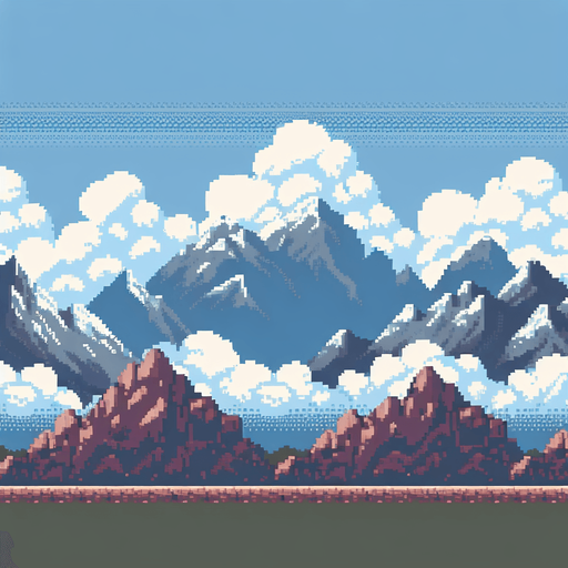 a pixel clouds background, with mountains, full height full width
Single Game Texture.  In-Game asset.  2d.  Blank background.  High contrast.  No shadows