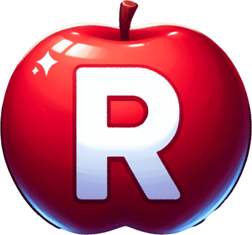 a white "R" on a red apple..
Single Game Texture. In-Game asset. 2d. Blank background. High contrast. No shadows.