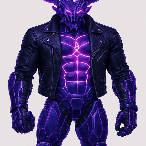 Black leather biker jacket longsleeves bare segmented neon cyberpunk pecs abs muscles robot monster hunk Neon cyberpunk 3d hologram corporate occult demon android mecha robot sentinel guard soldier machine monster fully in frame no part cut off no background anime futuristic