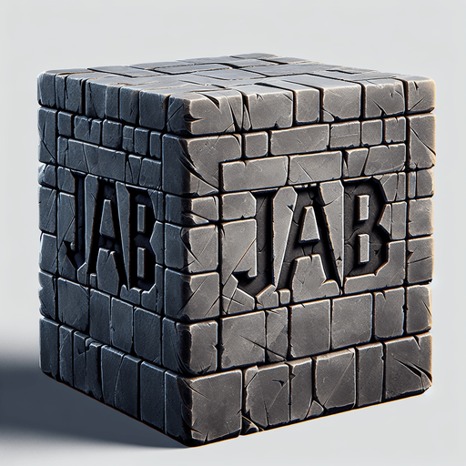 a forward facing brick with the writing "Jab" Single Game Texture. In-Game asset. 2d. Blank background. High contrast. No shadows.