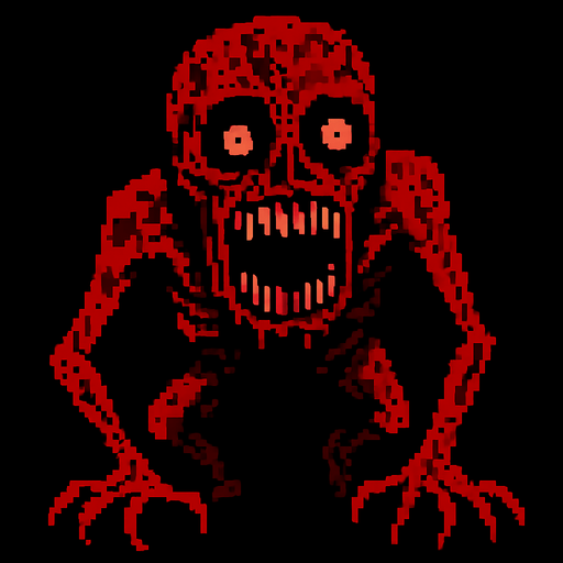 Make a horrifying 8 bit monster that is very scary and disturbing.
In-Game asset.  2d.  High contrast.  No shadows