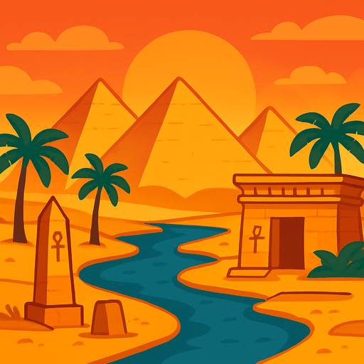 A desert cartoon-style background with pyramids, palm trees, and the Nile river. Add warm sunset tones and Egyptian architectural elements. Great for an Oud-based level..
In-Game asset.  2d.  High contrast.  No shadows