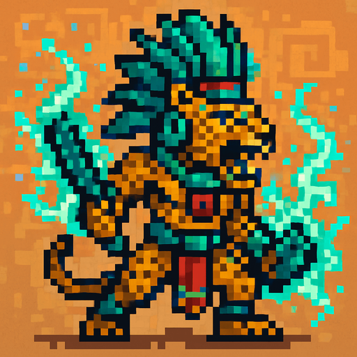 Generame un jaguar guerrero con efectos de energia estilo magico, pixelar, con ambientacion azteca.
In-Game asset.  2d.  High contrast.  No shadows