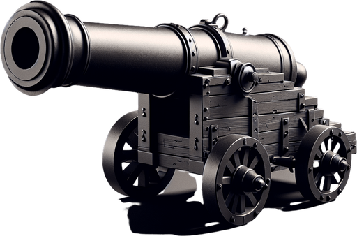 Black cannon.
Single Game Texture.  In-Game asset.  2d.  Blank background.  High contrast.  No shadows