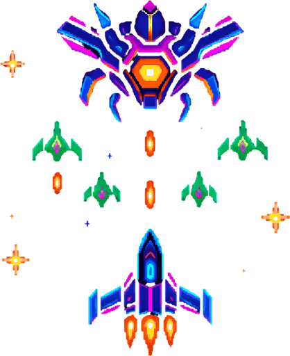The image showcases a space-themed scene, reminiscent of a classic arcade shooter game. At the center, a sleek, futuristic spaceship is flying towards a large, menacing enemy craft positioned at the top of the image. The enemy ship has a glowing orange core and is surrounded by sharp, angular details.

In the background, a cosmic space environment with a blend of dark purples and blues sets the tone. Several smaller enemy ships, colored green, are positioned in a formation, actively shooting orange projectiles toward the player’s ship. There are also star-shaped icons scattered across the scene, possibly representing power-ups or achievements. The overall aesthetic combines sharp, vibrant neon colors with a retro-futuristic design, giving it a sense of high-energy action..
In-Game asset.  2d.  High contrast.  No shadows. Space Shooter  Arcade Game  Futuristic Spaceships  Retro Gaming  Space Battle  Sci-Fi Art  Video Game Art  Pixel Art Style
