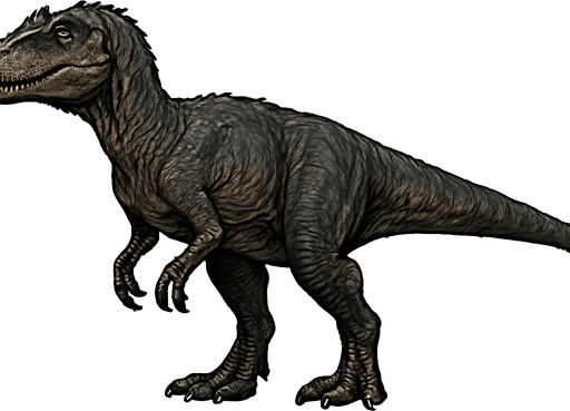 A medium-large Allosaurus dinosaur depicted in a neutral standing pose on a transparent background. Its muscular body is covered with dark gray and earthy brown scaly skin, with subtle scars and wrinkles. The head is narrow and elongated, featuring sharp teeth visible in a slightly open mouth and prominent ridges above the eyes. Its strong legs end with sharp claws, and the long tail extends straight for balance. The skin texture is rough and detailed, giving a lifelike, ancient predator look..
In-Game asset.  2d.  High contrast.  No shadows