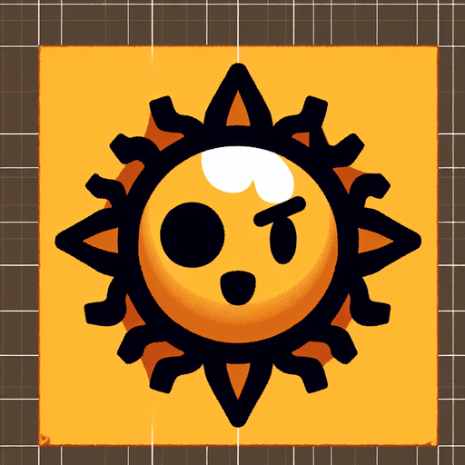bright sun with wincing cartoon face and a black eye.
Single Game Texture.  In-Game asset.  2d.  Blank background.  High contrast.  No shadows