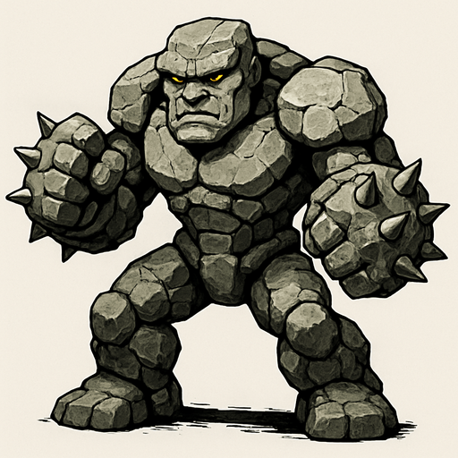 un golem de piedra listo para pelear con puños con puas ultra realista.
In-Game asset.  2d.  High contrast.  No shadows