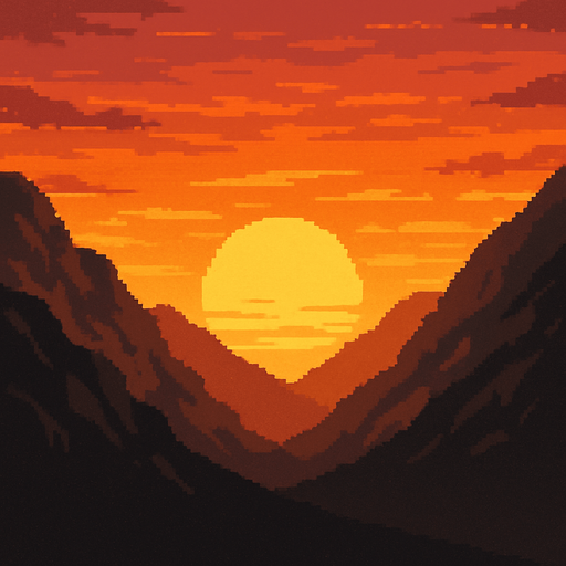 Sunset between the mountains ( natural) piksel art.
In-Game asset.  2d.  High contrast.  No shadows