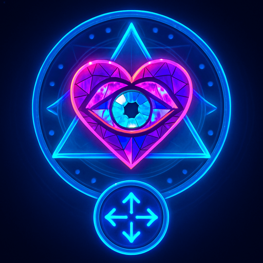 Neon cyberpunk mobile game button magic gemstone crystal sigil eyeball heart triangle topdown flat 3d 2d hologram futuristic glowing occult chic