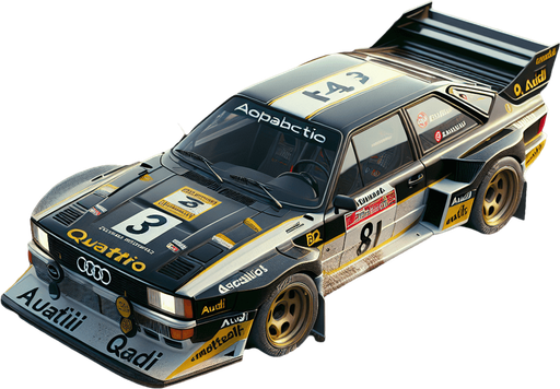 Photorealistic Audi Quattro B2 rally car with yellow stickers, from topback view