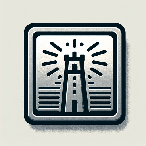 A square metal button with the image of a tower. Single Game Texture. In-Game asset. 2d. Blank background. High contrast. No shadows.