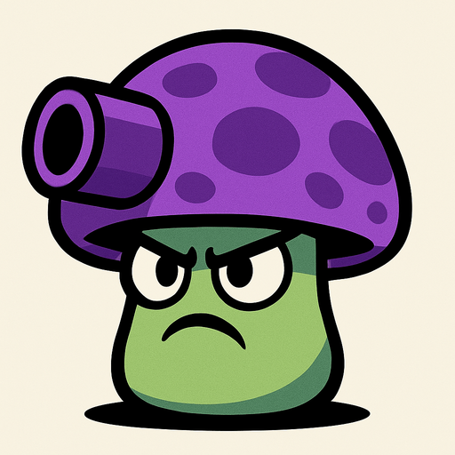 Cabeza (sombrero del hongo): Es grande, redonda y de color morado con manchas más oscuras. En el frente tiene una estructura que parece una boquilla o cañón, lo que da la impresión de que puede disparar algo.

Cuerpo: Pequeño y de color verde claro, con una expresión facial seria o enojada. Tiene ojos grandes y cejas inclinadas hacia abajo, lo que resalta su actitud agresiva o decidida.

Estilo: Es un diseño al estilo de caricatura o videojuego, similar a los personajes de Plants vs. Zombies..
In-Game asset.  2d.  High contrast.  No shadows