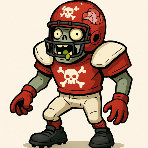 Uniforme Completo: Viste un uniforme de fútbol americano bastante completo, lo que le da una apariencia robusta y protegida.

Casco de Fútbol: Lleva un casco de fútbol americano de color rojo brillante, adornado con dibujos de calaveras blancas y huesos cruzados, que son un distintivo de los zombis. Este casco no es solo estético, sino que le proporciona una defensa significativa en su cabeza.

Hombreras y Camiseta: Tiene unas grandes hombreras blancas y una camiseta roja con el mismo patrón de calaveras y huesos en el pecho.

Pantalones y Guantes: Sus pantalones son de color claro (crema o blanco roto) y lleva guantes rojos.

Botas de Fútbol: Calza grandes botas de fútbol americano de color gris oscuro o negro.

Boca Abierta y Cerebro: Típicamente, como muchos zombis, tiene la boca abierta, mostrando su deseo de cerebros. En tu imagen, parece tener algo verde (quizás una hoja o parte de una planta) sobresaliendo de su boca, lo que podría indicar que ya ha estado masticando algo..
In-Game asset.  2d.  High contrast.  No shadows