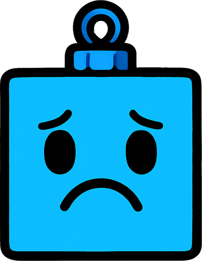 a sad Perfectly square bright blue Christmas decoration.
In-Game asset.  2d.  High contrast.  No shadows