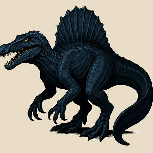 A large, realistic Spinosaurus dinosaur with dark navy-blue scaly skin, accented by lighter blue streaks along its sail and limbs. It has a long crocodile-like snout filled with sharp teeth and piercing yellow eyes. The sail on its back is tall and jagged, matching the dark tones of the body. Its tail is wide, flattened, and paddle-like—similar to a newt or salamander’s tail—designed for swimming. The muscular arms have large claws, and the overall posture is slightly hunched as if it’s ready to dive into the water. The skin texture shows rough scales, subtle wrinkles, and scars for a realistic semi-aquatic look..
In-Game asset.  2d.  High contrast.  No shadows