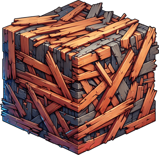 2D wreckage of wood, square, HD colors.
Single Game Texture.  In-Game asset.  2d.  Blank background.  High contrast.  No shadows
