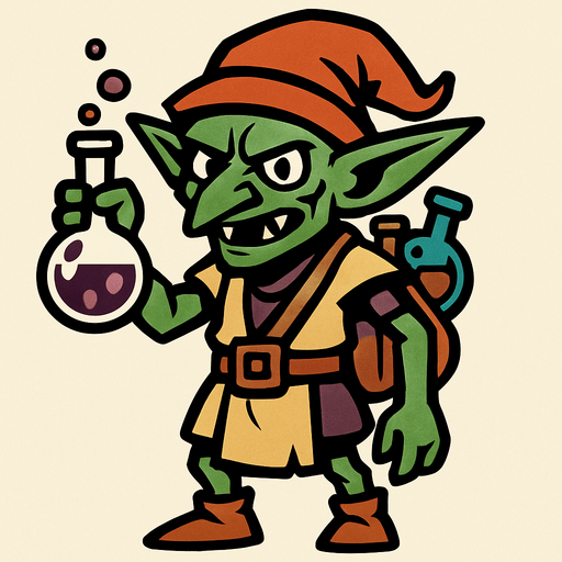kimyasalcı goblin, boydan.
In-Game asset.  2d.  High contrast.  No shadows
