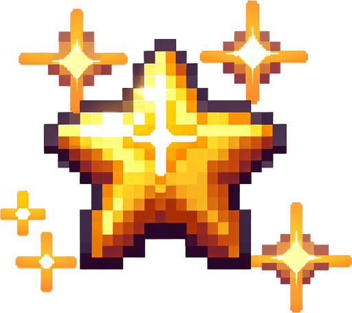 A small, glowing golden star collectible in pixel art style. Shiny with a subtle sparkle effect, floating slightly above the ground. Simple and bright, easy to spot during fast gameplay. Designed to reward players for precision jumping. Transparent background..
Single Game Texture.  In-Game asset.  2d.  Blank background.  High contrast.  No shadows