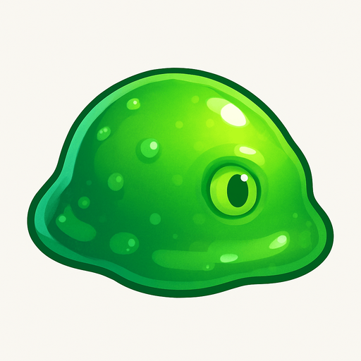 A single, isolated, highly detailed top-down isometric game asset of a Basic Slime. It is a slightly translucent, vibrant green, blue, or purple gelatinous blob, perfectly suited for a static sprite. Its surface should appear wet and glistening, with subtle internal bubbles or a single, simple, unblinking eye embedded within (static, not animated). The slime's most prominent side or an implied 'front' should be clearly oriented towards the right side of the image, indicating its forward movement. Style: Stylized, cartoony fantasy, slightly squishy texture, suitable for a Tower Defense game. Transparent background.
In-Game asset.  2d.  High contrast.  No shadows