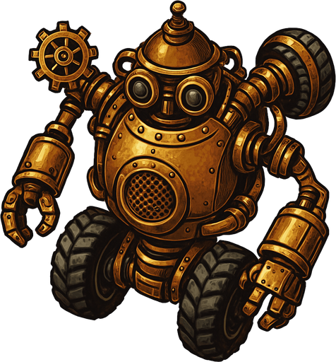 robot estilo steampunk visto desde arriba totalmente no desde el frente con llantas.
In-Game asset.  2d.  High contrast.  No shadows. vistasuperior