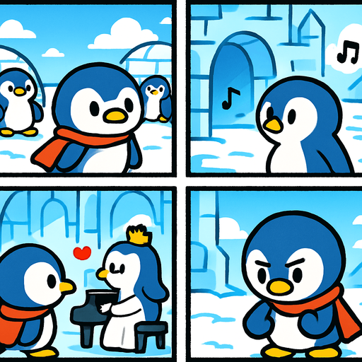 4-panel comic strip, no text, cute cartoon style, bright colors, black outlines.
Characters: Penguin Hero (small, determined) + Penguin Princess (elegant, crown) + Village Penguins
Central Theme: Music connects hearts, piano mastery wins love.  Hero sees Princess's beautiful piano playing, falls in love

Panel 1: Hero living normal life in penguin village
Panel 2: Hears beautiful piano music from Princess's ice palace
Panel 3: Sees Princess playing gracefully, hearts float around Hero
Panel 4: Hero determined but nervous, looking at his flippers.
In-Game asset.  2d.  High contrast.  No shadows