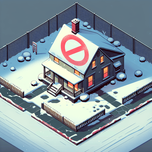 overhead view of drab house with giant prohibition symbol snowy lawn video game asset 2d blank background Single Game Texture. In-Game asset. 2d. Blank background. High contrast. No shadows.