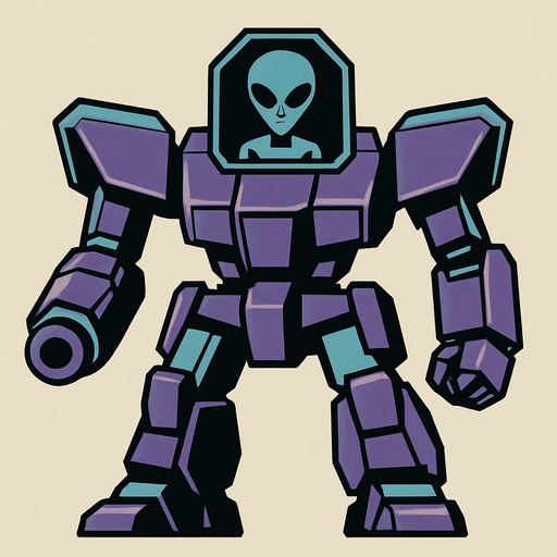 Giant space robot with grey alien controlling it from cockpit in head
In-Game asset.  2d.  High contrast.  No shadows