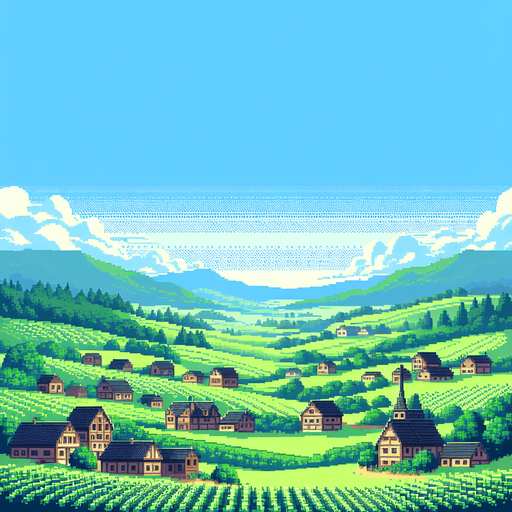 A 16 bit pixel art horizon line of a pastural hobbit village. A beautiful verdant village in the distance with rolling hills and blue skies.
Single Game Texture. In-Game asset. 2d. Blank background. High contrast. No shadows.