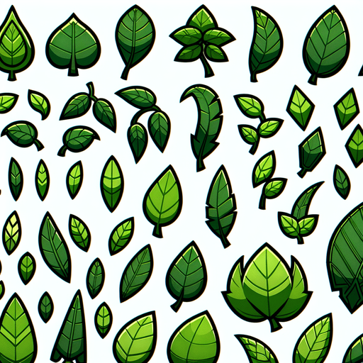 A sprite sheet of different green leaves. Cartoon..
Single Game Texture. In-Game asset. 2d. Blank background. High contrast. No shadows.