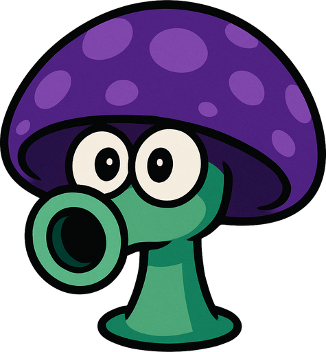 Sombrero Púrpura: Tiene un sombrero grande y redondo de color púrpura oscuro o violeta, con manchas o puntos de un púrpura ligeramente más claro.

Tallo Verde Claro: Su tallo es corto y robusto, de un color verde claro o menta.

Ojos Grandes y Boquilla: Posee dos ojos grandes y redondos, y una "boca" o boquilla prominente en el frente, de color verde oscuro, desde donde expulsa sus proyectiles..
In-Game asset.  2d.  High contrast.  No shadows