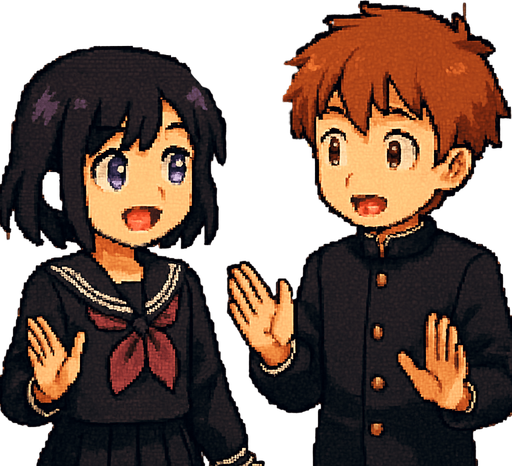 Pixel art illustration. A 15-year-old anime-style boy and girl in Japanese school uniforms are talking while gesturing with their hands. Very close to them is a row of lockers. In the one at the center, a pair of glowing red eyes peer through the slats. They belong to a yandere—obsessed, crazy, and jealous—whose face and body remain hidden in the darkness inside the locker.