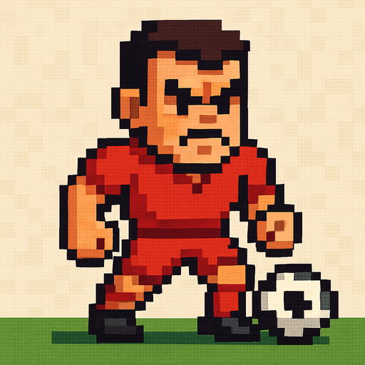 angry lookin red suit pixelart soccer player.
In-Game asset.  2d.  High contrast.  No shadows
