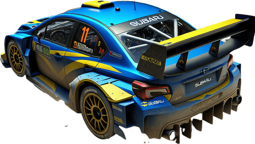 Hyperrealistic blue Subaru rally car with yellow liverys, top down view from the rear wing