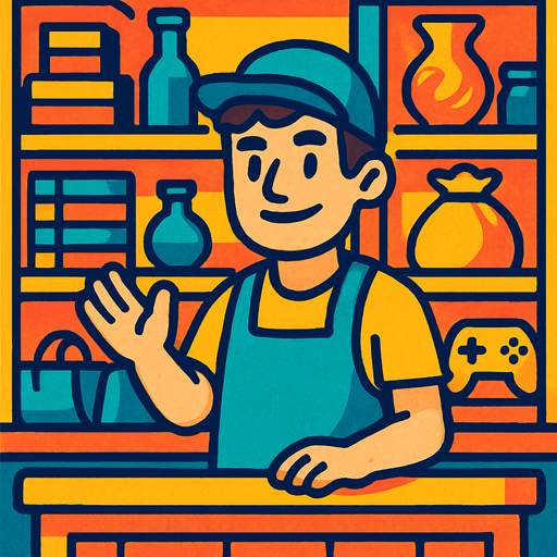 A shop with a guy selling stuff in the shells.
In-Game asset.  High contrast.  No shadows