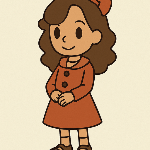 Cute little10yo girl brown hair in professor Layton game style.
In-Game asset.  2d.  High contrast.  No shadows