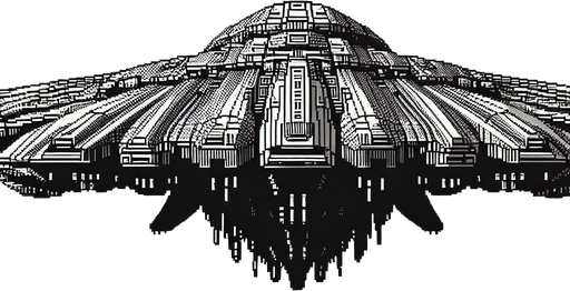 alien ship facing downwards.
Single Game Texture. In-Game asset. 2d. Blank background. High contrast. No shadows. Pixelated.