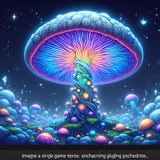 Standing proudly in the mystical, otherworldly terrain is the Enchanted Glowing Psychedelic Mushroom Obstacle, a breathtaking marvel that both enthralls and challenges those who encounter it. This colossal mushroom radiates a mesmerizing array of vivid, shifting colors, bathing its surroundings in a surreal, luminescent glow. The cap of the mushroom is adorned with intricate, swirling patterns that pulsate rhythmically, creating a hypnotic dance of light and shadow.

Its stalk, tall and sturdy, is covered in delicate, bioluminescent tendrils that sway gently, as if moved by an unseen breeze. These tendrils emit a soothing hum, resonating with an enchanting melody that captivates the senses. The air around the mushroom is filled with a faint, sweet fragrance, mingling with the soft, ethereal glow to create an atmosphere of wonder and magic.

As an obstacle, the Enchanted Glowing Psychedelic Mushroom presents a unique challenge: its radiant beauty is both a beacon and a barrier. Adventur.
Single Game Texture. In-Game asset. 2d. Blank background. High contrast. No shadows.