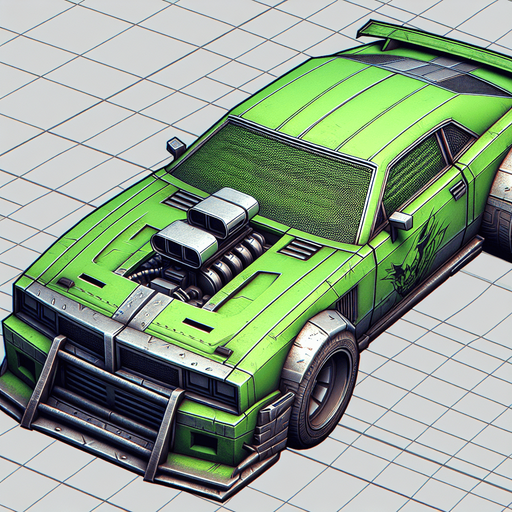 green thug car. orthographic top view.
Single Game Texture.  In-Game asset.  2d.  Blank background.  High contrast.  No shadows