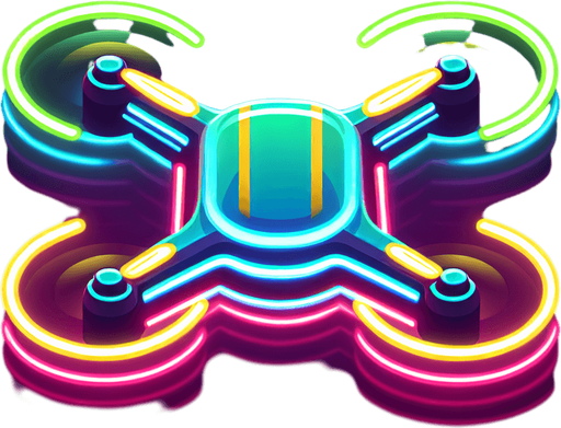 retro flying drone  in neon colors..
Single Game Texture. In-Game asset. 2d. Blank background. High contrast. No shadows.