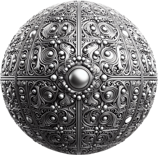 silver milenium ancient ball pattern.
Single Game Texture.  In-Game asset.  2d.  Blank background.  High contrast.  No shadows