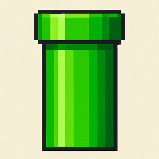 A pixel art green pipe bottom section from a side view, designed for a 2D side-scrolling game like Flappy Bird. The pipe is vertically stretched and has a bright green, smooth surface with subtle shading to show depth. The pipe should be closed at the bottom and open at the top, and it should look metallic and cartoonish, consistent with a retro game style..
In-Game asset.  2d.  High contrast.  No shadows. pixel art. side view. retro style. bright colors