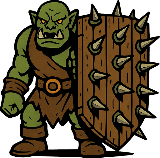 Orc with a big wooden shield full of spikes.
In-Game asset.  2d.  High contrast.  No shadows