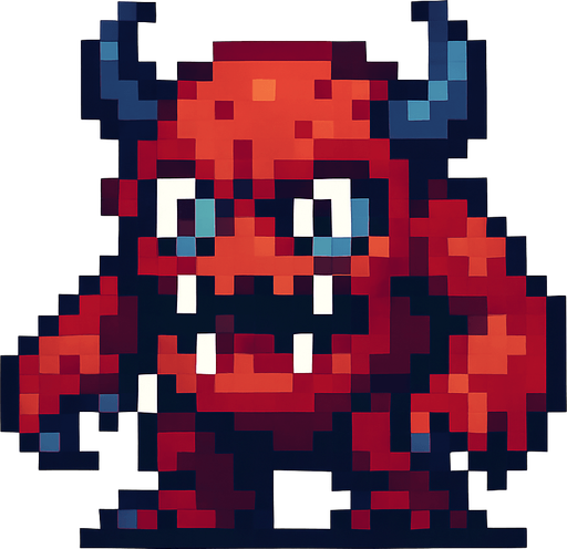 A cool monster like 16 by 16 pixelated character no background shadows and highlights.
In-Game asset.  2d.  High contrast.  No shadows. 2d pixelated in game asset