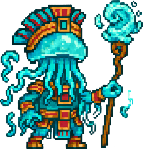 Generame un guerrero meduza cone fectos de agua, que cura como mago, estilo pixelar, ambeintado a lo azteca.
In-Game asset.  2d.  High contrast.  No shadows