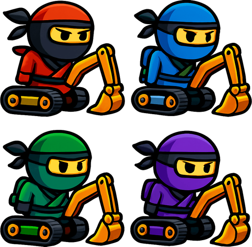 Different frames of a ninja digger, different colors, HD colors.
In-Game asset.  2d.  High contrast.  No shadows